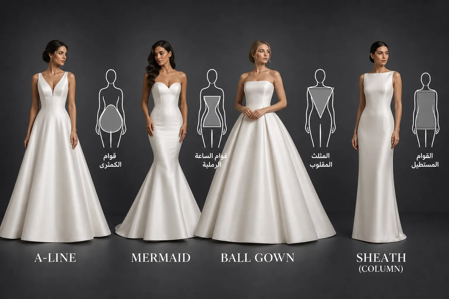 Wedding dress silhouette guide by body shape featuring A-Line, Ball Gown, Mermaid and Fit & Flare styles from OBAYH Magazine Bridal Issue 2026.