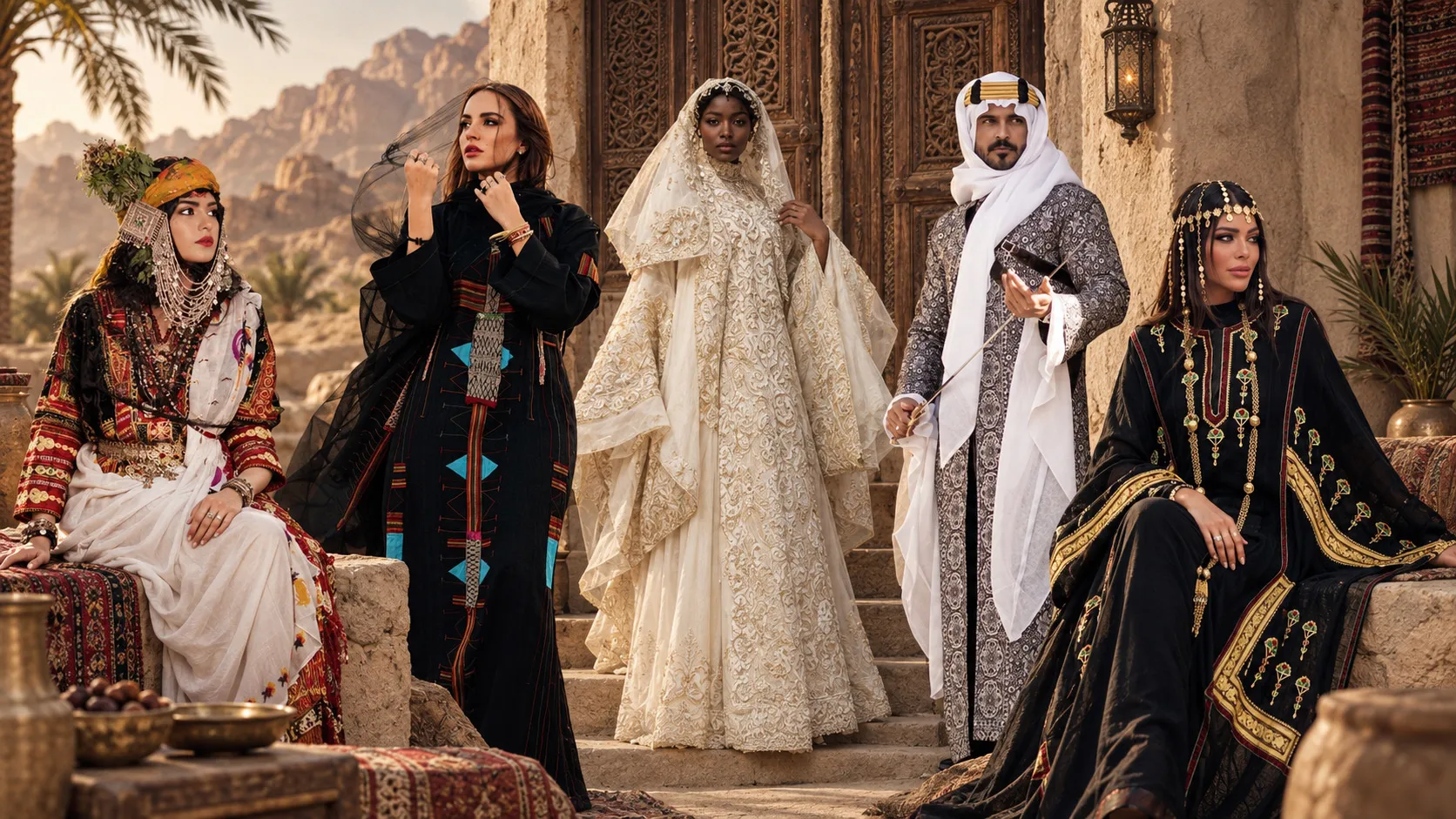مجموعة إطلالات تراثية فاخرة ليوم التأسيس السعودي، تعكس التنوع الإقليمي للأزياء التقليدية للرجال والنساء بتطريزات يدويّة غنية، أغطية رأس تقليدية، ومجوهرات تراثية.