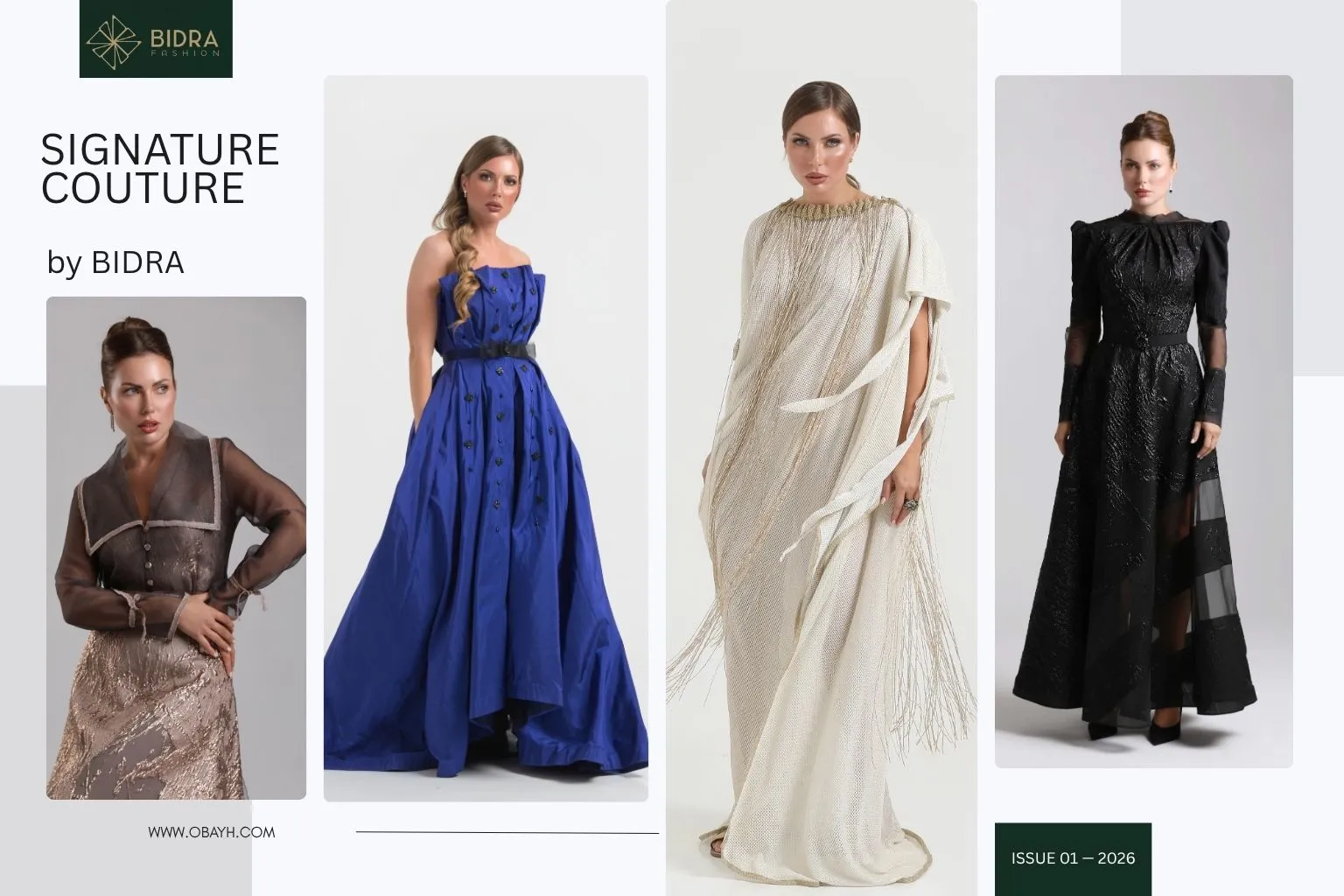 Signature couture designs by Saudi fashion designer Bidra (BIDRA), showcasing elegant evening gowns and couture pieces with a refined Saudi luxury aesthetic.