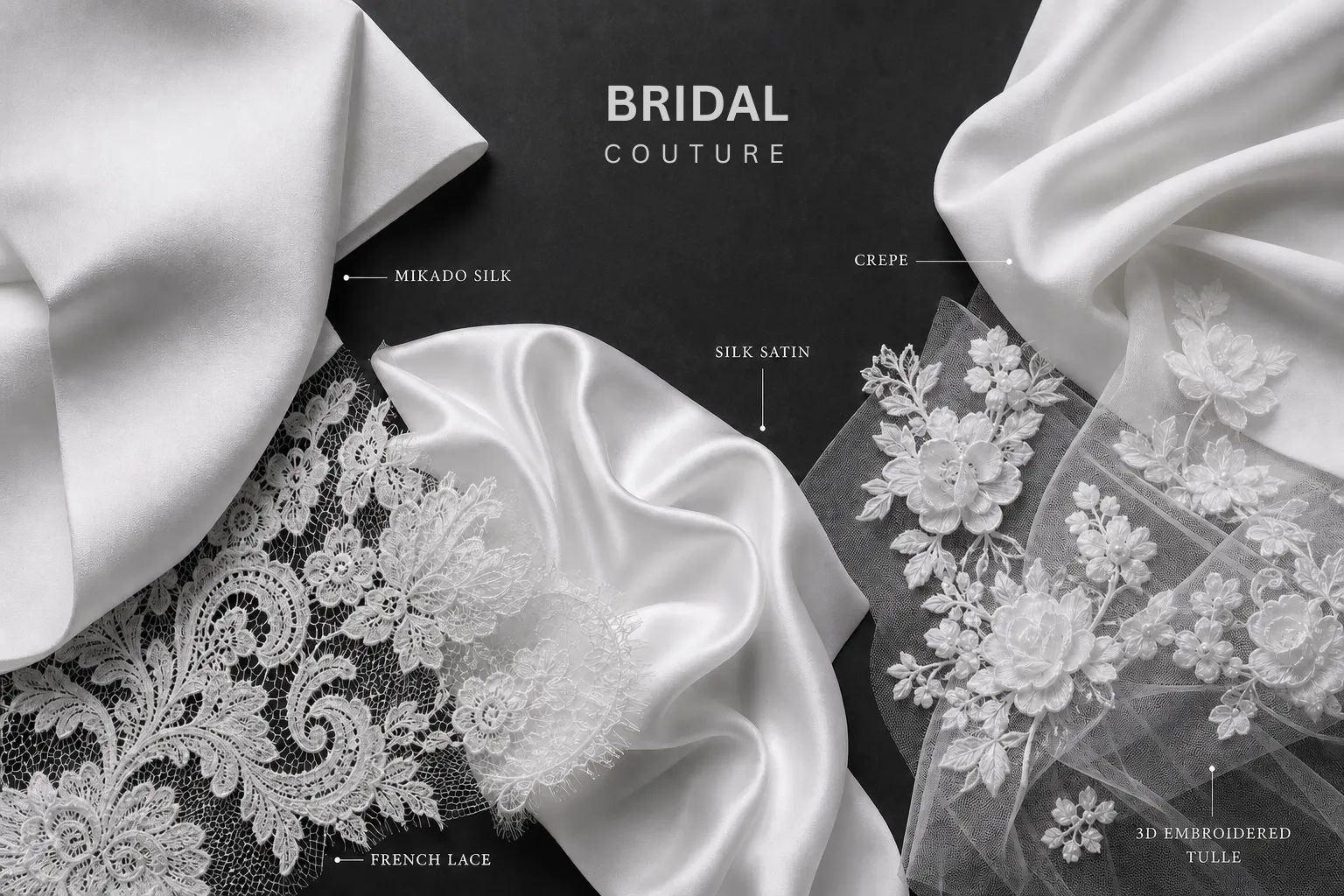 Luxury dress fabrics guide featuring Mikado, Satin, Tulle, Organza, Chiffon and Lace, highlighting how fabric choice influences dress structure, movement and design.