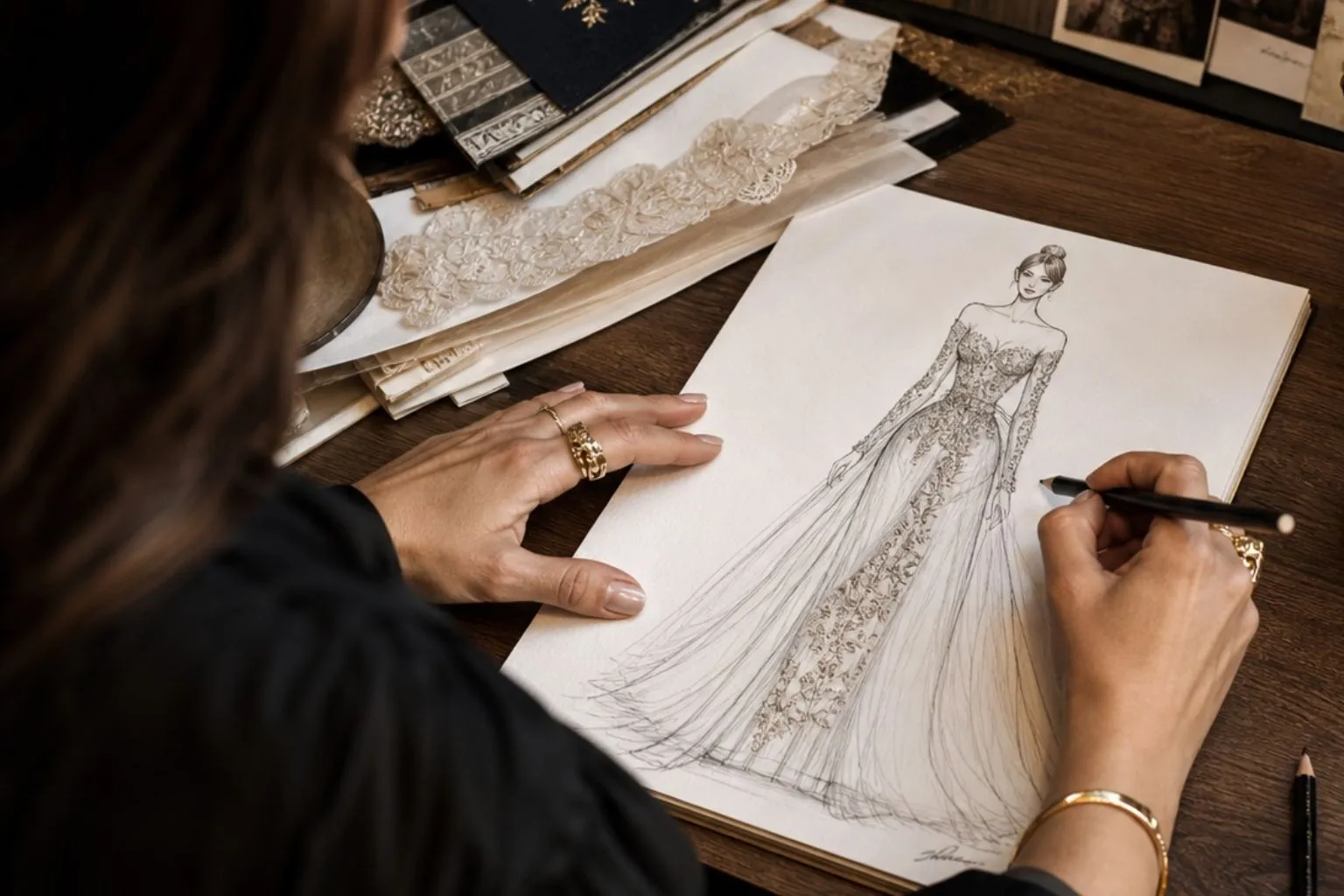 Saudi couture designer Bidra sketching a custom evening gown design, reflecting the artistry and craftsmanship behind luxury Saudi fashion and couture creation.