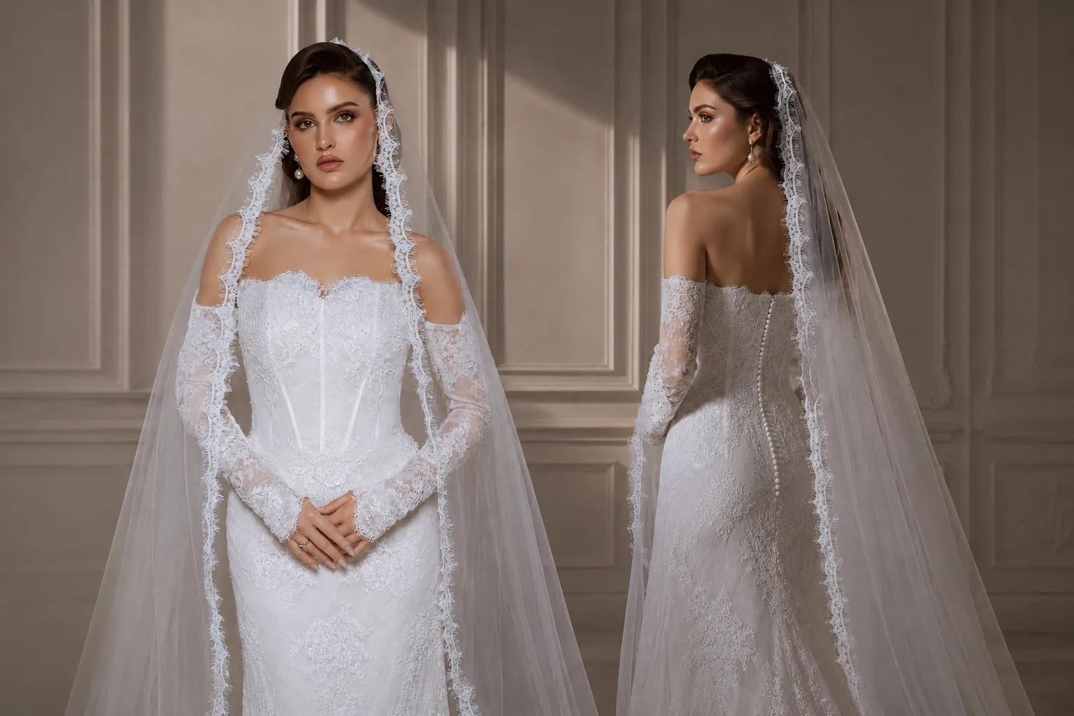 فستان عروس من تصميم Ashmin Couture يعرض تفاصيل القصة والتطريز من الأمام والخلف.