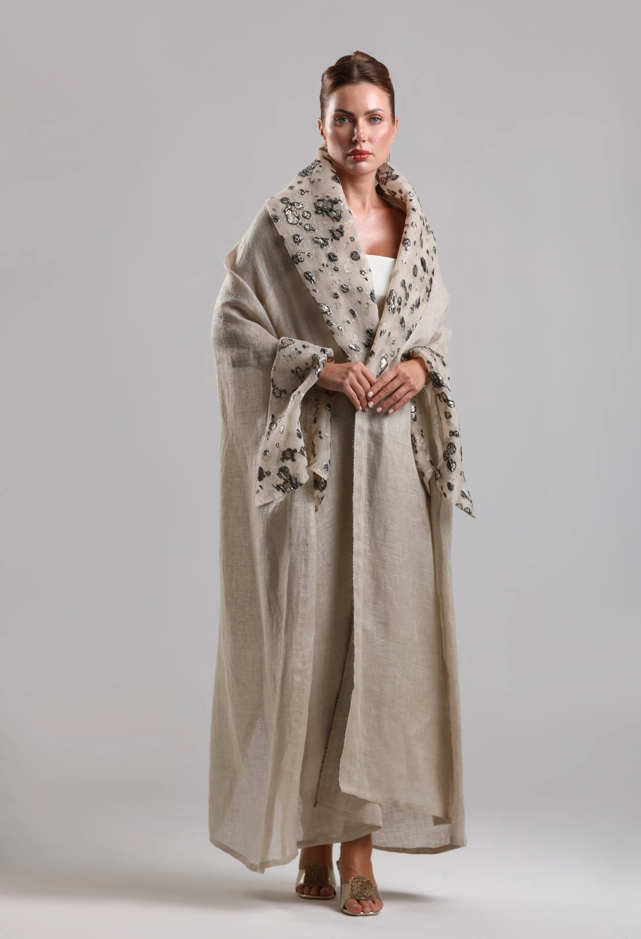 بشت لينن فاخر  _ البيج مع الذهبي